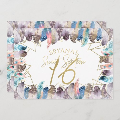 Boho Watercolor Feathers Gold Sweet 16 Invitations