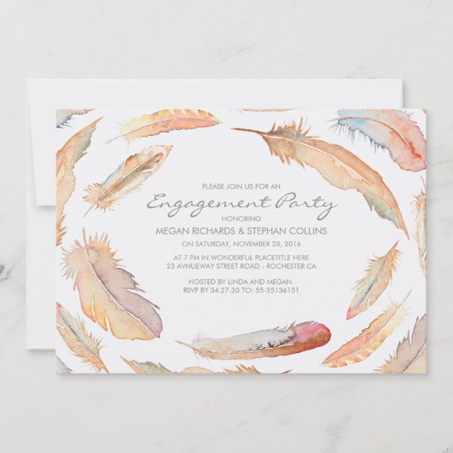 boho watercolor feathers tribal engagement party invitation (Front)