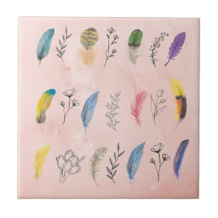 Boho Watercolor Feathers with Floral Line Drawings Ceramic Tile