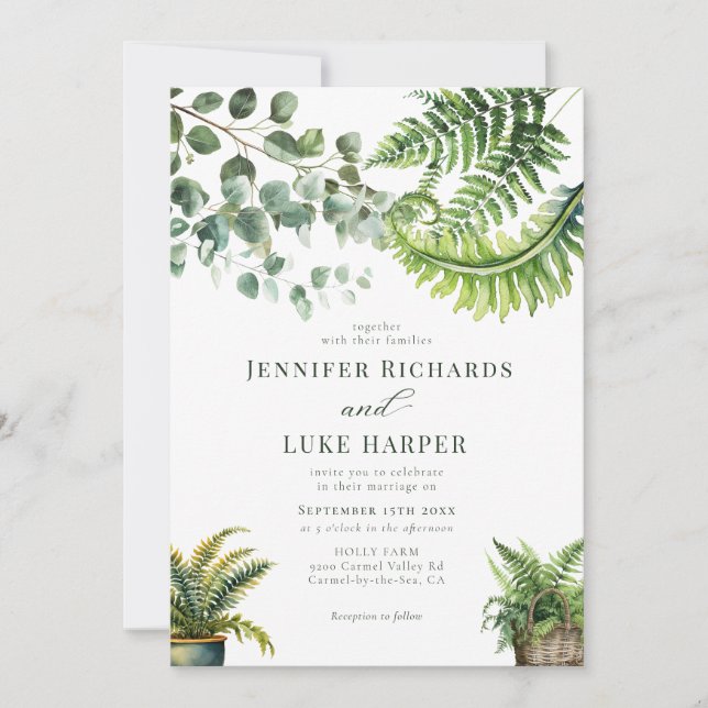 Boho Watercolor Fern Eucalyptus Wedding Invitation (Front)
