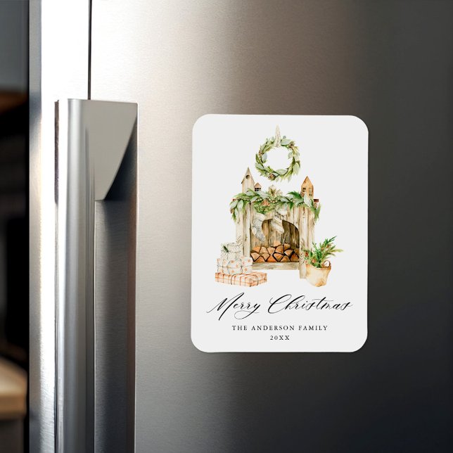 Boho Watercolor Fireplace Greenery Merry Christmas Magnet (Creator Uploaded)