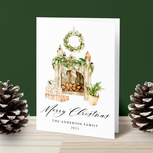 Boho Watercolor Fireplace With Greenery Non_Photo Holiday Card