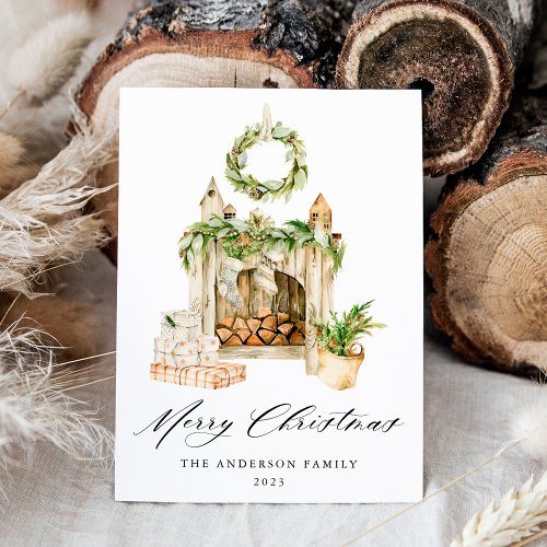 Boho Watercolor Fireplace With Greenery Non_Photo Holiday Card
