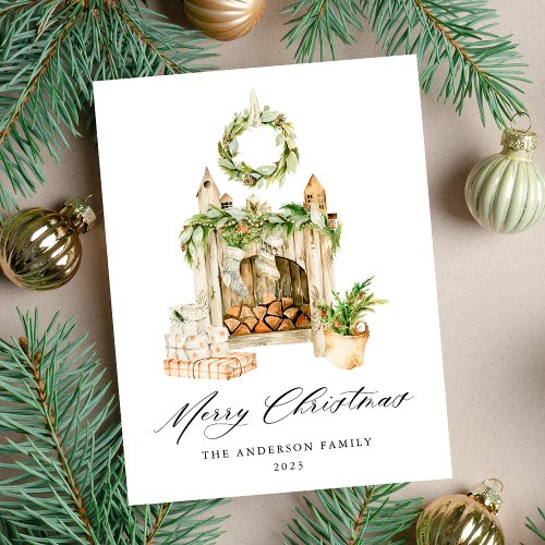 Boho Watercolor Fireplace With Greenery Non_Photo Holiday Postcard
