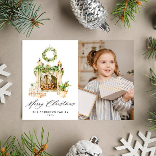 Boho Watercolor Fireplace With Greenery Photo Holiday Card