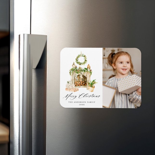 Boho Watercolor Fireplace With Greenery Photo Magnet (Creator Uploaded)