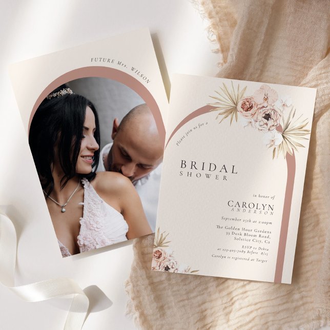 Boho Watercolor Floral Arched Photo Bridal Shower Invitation (Creator Uploaded)