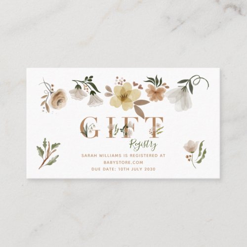 Boho Watercolor Floral Baby Shower Gift Registry Business Card - Earthy boho watercolor floral theme baby shower gift registry design, designed to coordinate with invitations. Customize with your own text. View entire suite here: https://www.zazzle.com/collections/boho_baby_in_bloom_baby_shower_suite-119721891583250361 Copyright Elegant Invites, all rights reserved.