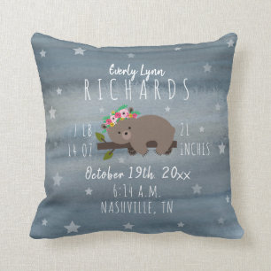 Boho Watercolor Floral Bear Birth Stats Nursery Throw Pillow