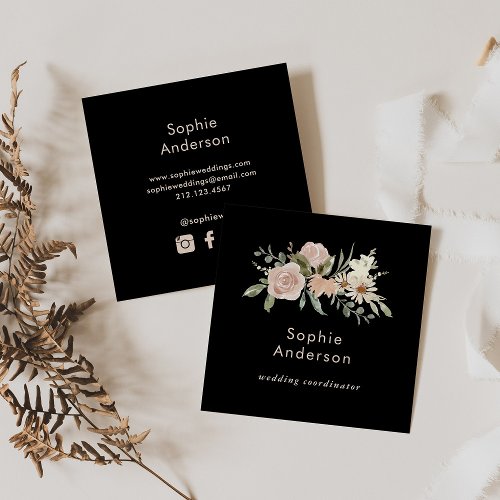 Boho Watercolor Floral Black  Social Media Icons Square Business Card