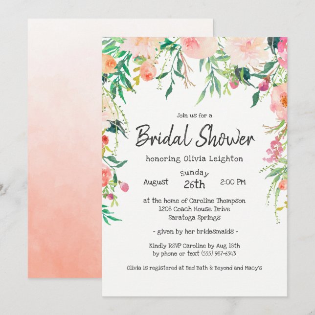 Boho Watercolor Floral Bridal Shower Invitation (Front/Back)