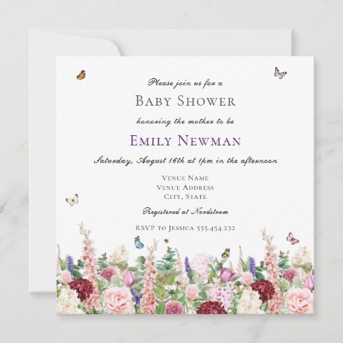 Boho Watercolor Floral Butterflies Baby Shower Invitation