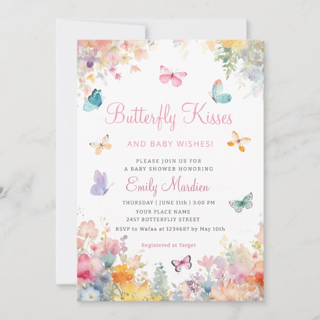 Boho Watercolor Floral Butterfly Girl Baby Shower  Invitation (Front)