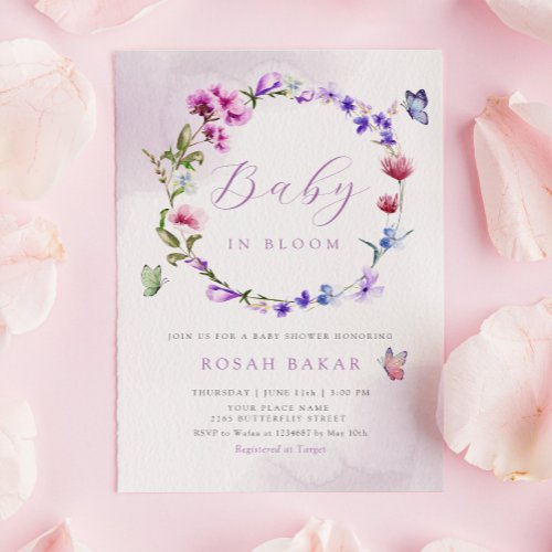 Boho Watercolor Floral Butterfly Girl Baby shower Invitation