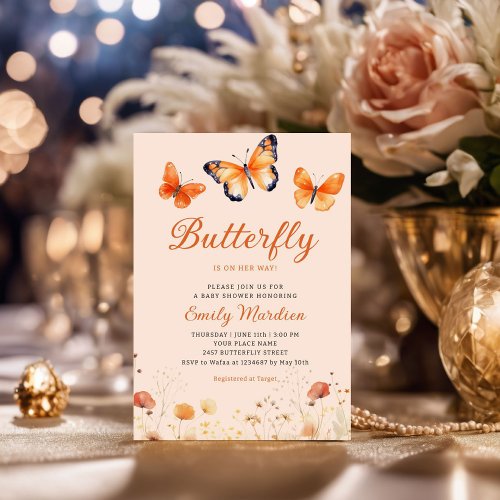 Boho Watercolor Floral Butterfly Girl Baby Shower Invitation
