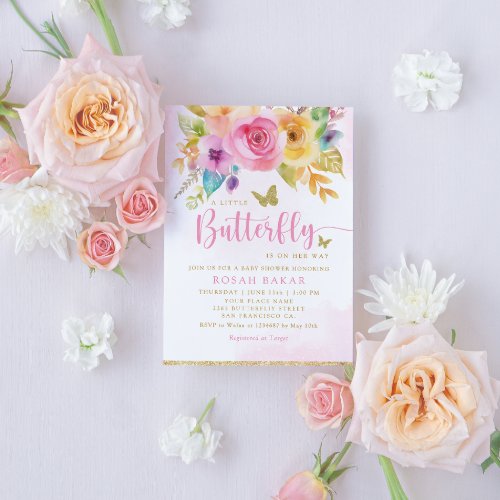 Boho Watercolor Floral Butterfly Girl Baby Shower Invitation