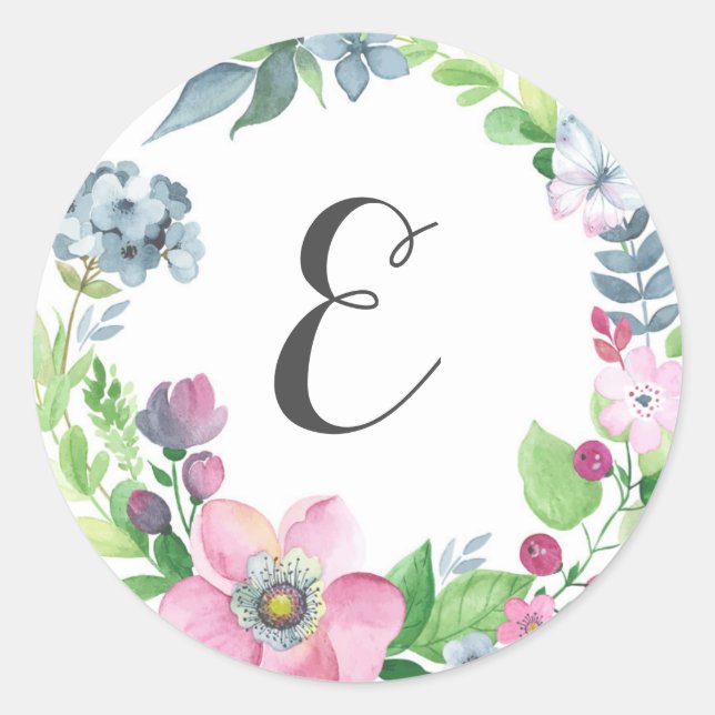 Boho Watercolor Floral & Butterfly | Monogram Classic Round Sticker (Front)