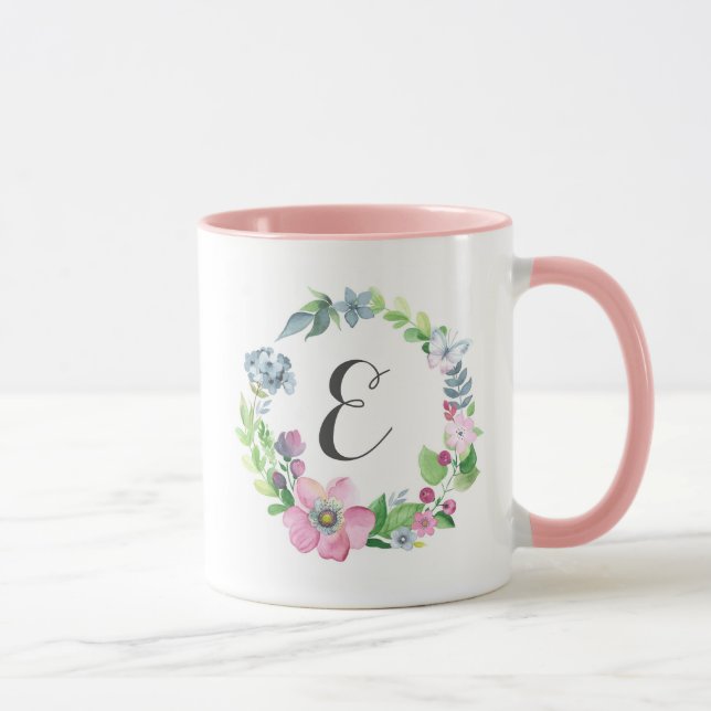 Boho Watercolor Floral & Butterfly | Monogram Mug (Right)