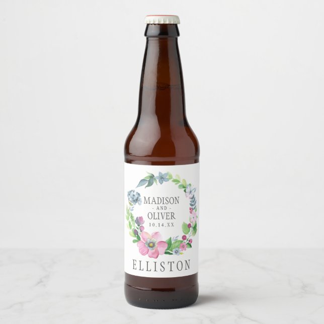 Boho Watercolor Floral & Butterfly | Wedding Beer Bottle Label (Front)