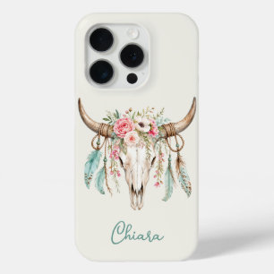 Boho Watercolor Floral Cow Skull iPhone 15 Pro Case