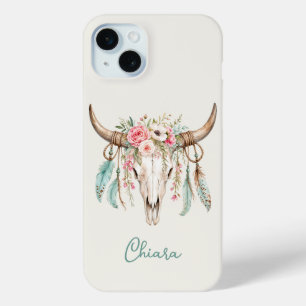 Boho Watercolor Floral Cow Skull iPhone 15 Plus Case