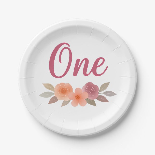 Boho  Watercolor Floral First Birthday  Paper Plates (Front)
