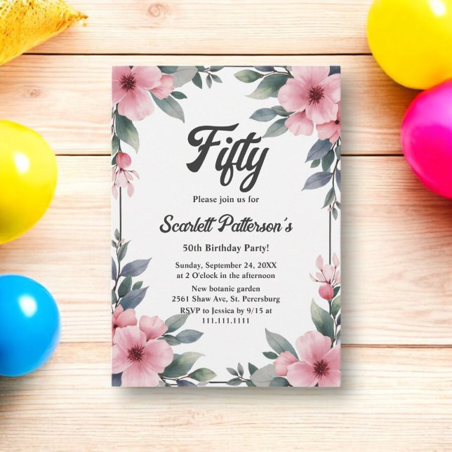 Boho Watercolor Floral Frame Rustic 50th Birthday Invitation (Creator Uploaded)