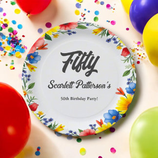 Boho Watercolor Floral Garden Summer 50th Birthday Paper Plates