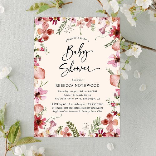 Boho Watercolor Floral Girl Baby Shower Invitation
