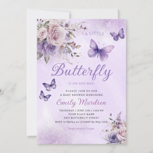 Boho Watercolor Floral Girl Butterfly Baby Shower Invitation