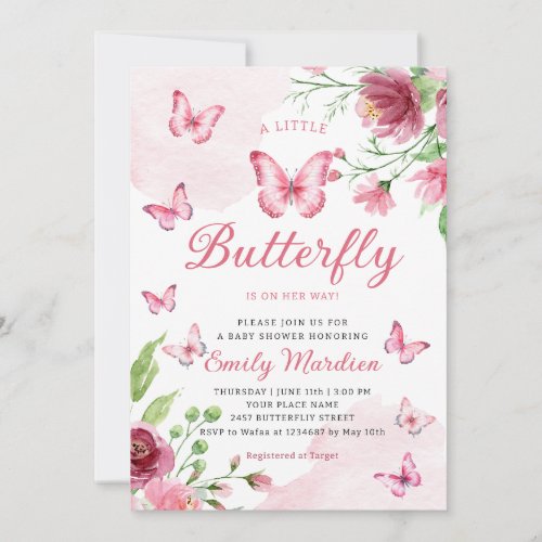 Boho Watercolor Floral Girl Butterfly Baby Shower Invitation