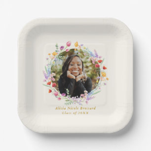 Boho Watercolor Floral Graduation Party Photo Paper Plates