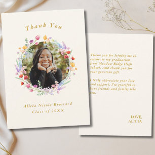 Boho Watercolor Floral Graduation Photo Flat Thank You Card