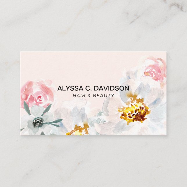 Boho Watercolor floral Hair Beauty Customizable Business Card (Front)
