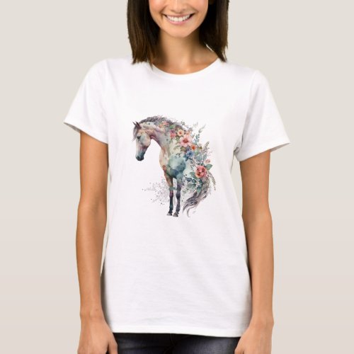 Boho Watercolor Floral Horse T_Shirt