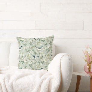 Boho Watercolor Floral in Sage and Cream Birds Throw Pillow