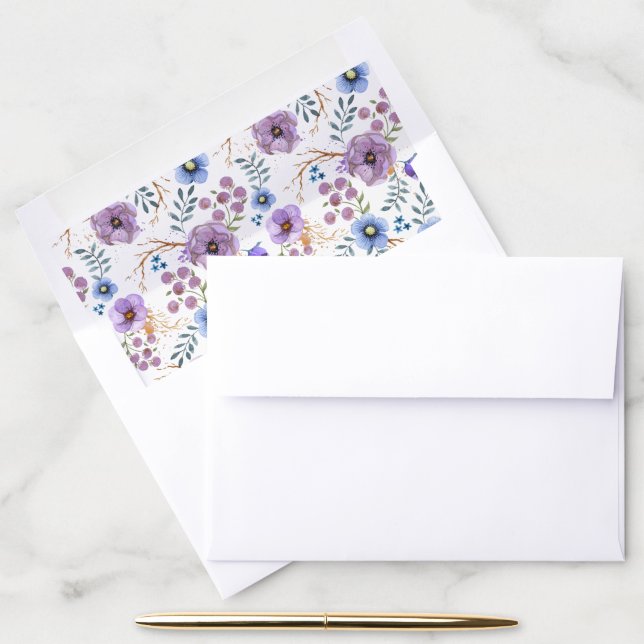 Boho Watercolor Floral Lilac & Teal Wedding Envelope Liner (Desk)
