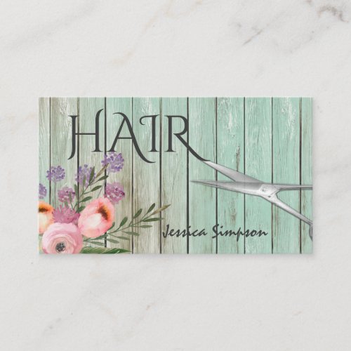 boho watercolor floral mint wood scissors business card