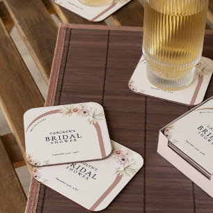 Boho Watercolor Floral Modern Arch Bridal Shower Square Paper Coaster