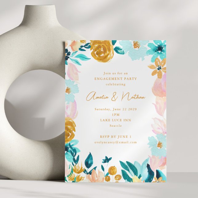 Boho Watercolor Floral Modern Engagement Party Invitation (Creator Uploaded)