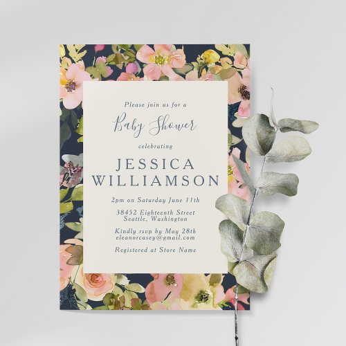 Boho Watercolor Floral Navy and Blush Baby Shower Invitation