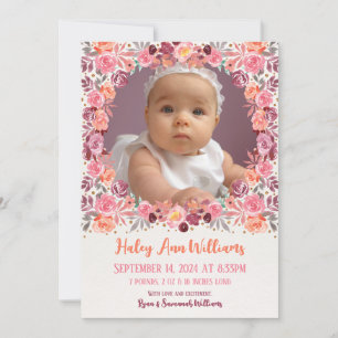 Boho Watercolor Floral Newborn Baby Girl Photo Announcement
