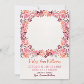 Boho Watercolor Floral Newborn Baby Girl Photo Announcement