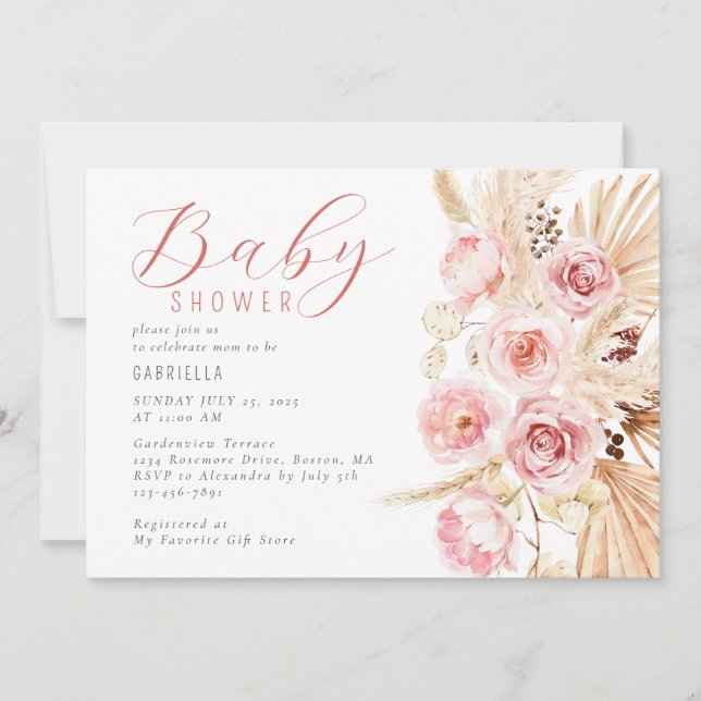 Boho Watercolor Floral Pampas Baby Shower Invitation (Front)