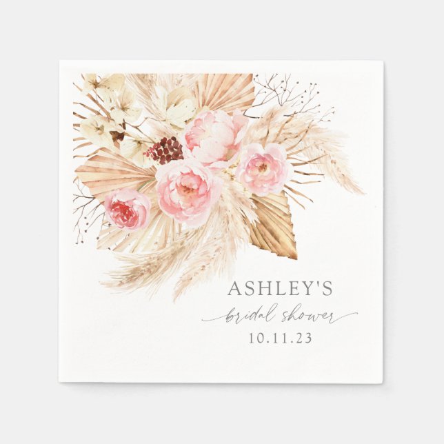 Boho Watercolor floral pampas Bridal shower Napkins (Front)