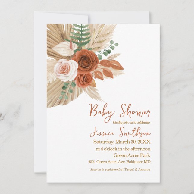 Boho Watercolor Floral Pampas Grass Baby Shower Invitation (Front)