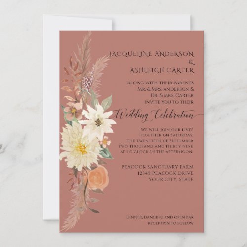 BOHO Watercolor Floral Pampas Grass Fall Elegant Invitation