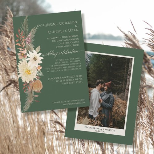 BOHO Watercolor Floral Pampas Grass Forest Green Invitation