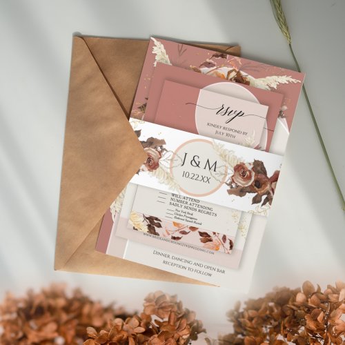 BOHO Watercolor Floral Pampas Grass Terracotta Inv Invitation Belly Band