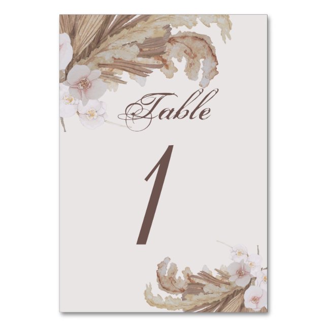 Boho Watercolor Floral Pampas Grass Wedding  Table Number (Front)